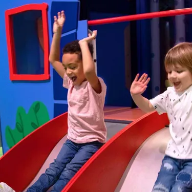 Kids sliding down a slide